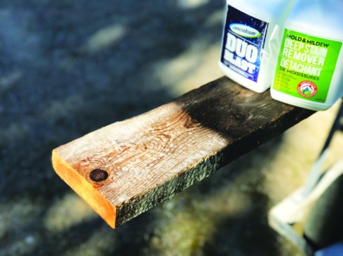 After removing the old finish, you may need to use a deck brightener to return color to weathered, gray
decking.