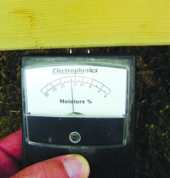 Measure, don’t guess. A moisture meter should be used before applying any finish to make sure the moisture content throughout the decking is within an acceptable range, typically less than 15%.