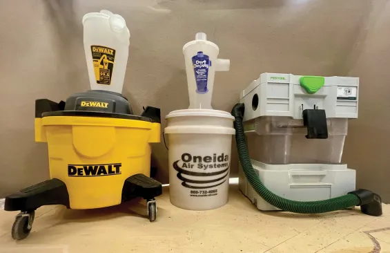Compared with the author’s Oneida and Festool units, the DeWalt has a larger capacity without adding too much footprint and has better stability and mobility.