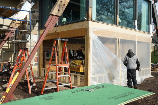 The nearly complete structure. All that remained were short walls between the columns to support new windows and sheathing.