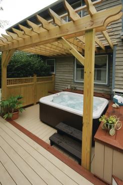 Tubs that are mounted on the surface of the deck should have a set of steps, which should be removable to provide access to the tub’s pump and controls.