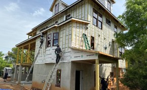Rear elevation of the Queen of Zero rainscreen. The rainscreen material is made from 1x4 pressure-treated wood furring strips installed 16-in. o.c. with 10- to 12-in. fastener spacing.
