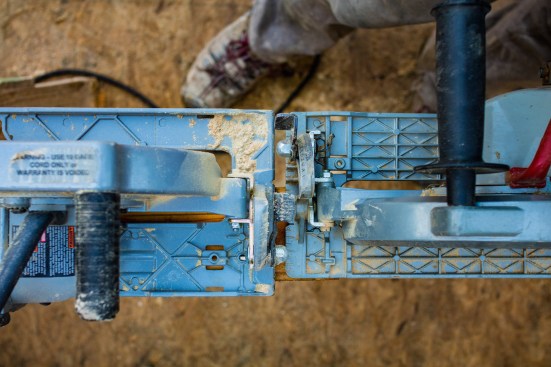 The baseplate on the Big Foot (left) is ½” larger than the one on the Sawsquatch (right). Standard base plates run 1 ½” wide off the blade, but the Big Foot runs 2-1/2” which gives the saw more stability when cutting at the end of a beam (when working on the right hand side).
