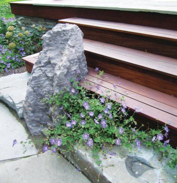 A boulder casually inset into the stairs becomes an impromptu handrail and a place to set a cup in a pinch. Little details like this add dramatic flair, yet are relatively easy to execute.