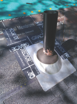 Plumbing penetrations. Plumbing vents are the most common roof penetration, and a surprising number of them are simple "black-jacked." A proper boot (above), installed with a good pell and stick, is the only effective way to seal these penetrations long term.