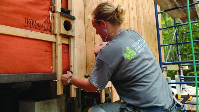 The method creates an ample space between the siding and the weather resistive barrier, for enhanced drying ability—a significant concern in this deep, superinsulated wall assembly.