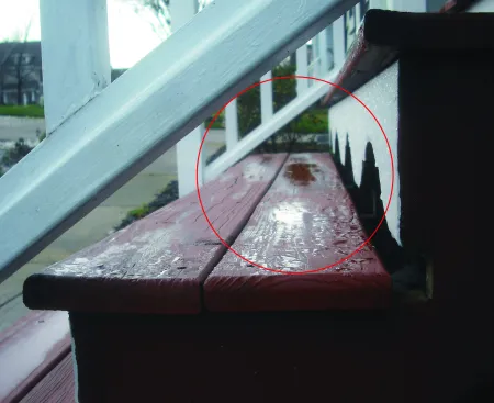 Bottom guard rails on stairs should be oriented close enough to the tread nosings so that a 6-inch-diameter sphere will not pass through the triangle created by the riser, tread, and rail.