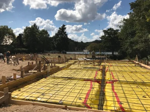 This slab is almost ready for pour. The super-tough 15 mil Stego Wrap really stands up to a busy job site.
