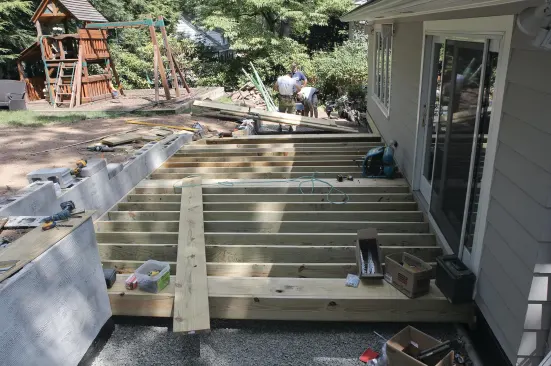 With the ledgers installed, framing was typical. The blocking will support seam boards in the decking.