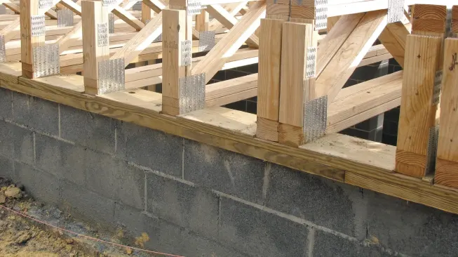 After installing the trusses, we scribed the 2 3/32-inch rim material to fit. To make sure there would be plenty of bearing, we doubled up the rims where we had corrected for the out-of-square walls.