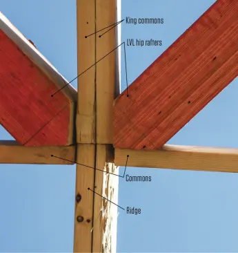There are a couple of ways to lay out a hip roof at the ridge: with single cheek cuts or double cheek cuts. I prefer to run king commons off the end of the ridge and cut double cheek cuts on the hips.
