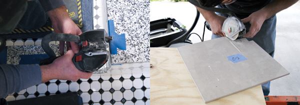 The ZipSaw can cut a variety of materials, but the author uses it primarily to cut cement board (left) and to make utility cuts in tile and stone (right). The work area stays relatively clean because the tool is equipped for dust collection and can be connected by hose to a vacuum.