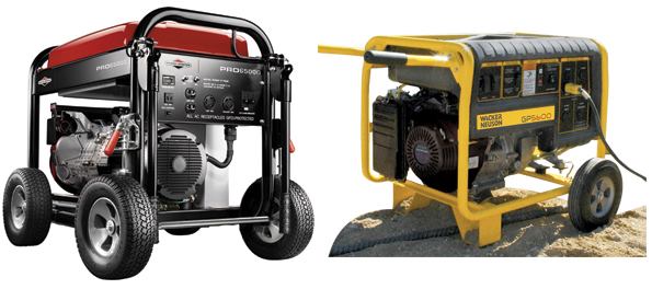 Wheel kits are worth the extra expense because rolling a generator is a lot easier than carrying it. Four wheels are fine for use on smooth, flat surfaces, but two wheels (right) are better on rough terrain. The four-wheel model at left has folding handles that make it possible to lift one end of the unit and roll it like a wheelbarrow.