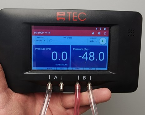 During a ZPD test of attic pressure with respect to the living space, a manometer that shows the attic zone at a pressure near 50 pascals indicates that the ceiling air barrier is nearly perfect, because the attic is at the same pressure as the outside.