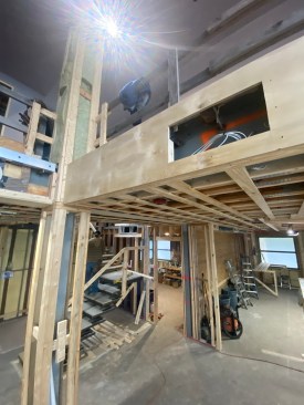 The face of the balcony beamed is finished with cabinet-grade plywood.