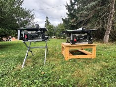The Flex cordless table saw is available in 8 1/4-inch (on stand, at left in photo) and 10-inch (on table, at right in photo) models. The stand can be configured for either model.