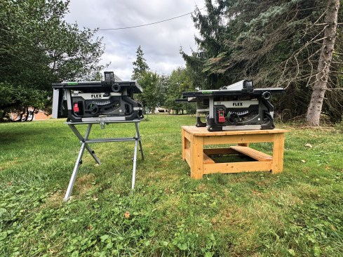 The Flex cordless table saw is available in 8 1/4-inch (on stand, at left in photo) and 10-inch (on table, at right in photo) models. The stand can be configured for either model.